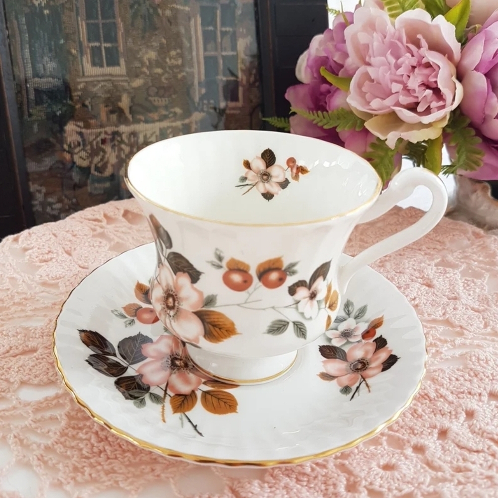 Paragon Tea Cup and Saucer, Peach Flowers, Brown Leaves English Bone China